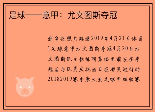 足球——意甲：尤文图斯夺冠